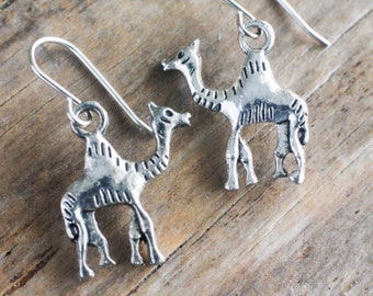 Whimsical Camel earrings, available with sterling silver or hypoallergenic stainless steel hooks, also available with leverback closure
