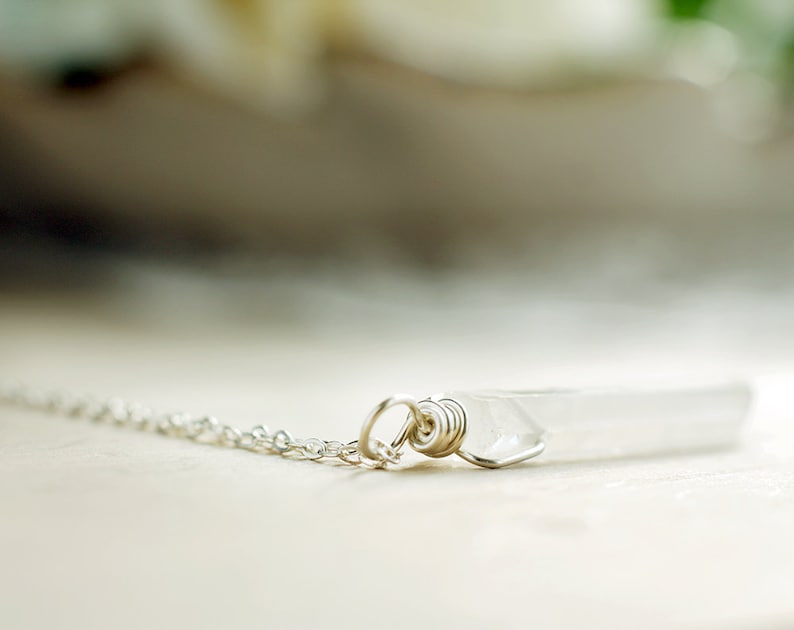 Sterling Silver frosted Quartz necklace, Unisex Quartz crystal necklace, White Quartz pendant, Raw gemstone necklace, April birthstone image 5
