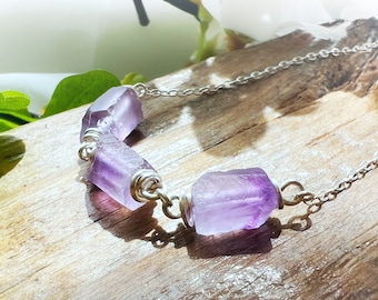 Sterling silver Natural Amethyst necklace, Raw Amethyst gemstone necklace, Genuine Amethyst crystal necklace, Wire wrapped stone necklace