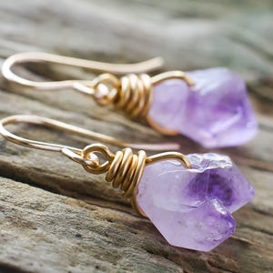 Genuine Gold filled Amethyst earrings | Gold wirewrapped Amethyst crystal earrings | Raw Amethyst nugget gold earrings | Amethyst jewellery