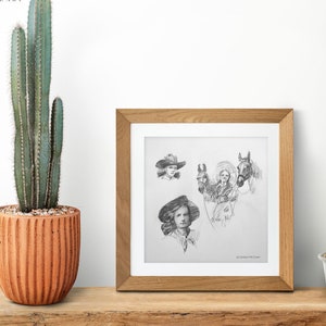 Vintage Cowgirls Graphite Sketch Drawing Print