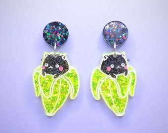 Banana cat earrings, cat earrings, black cat jewellery, cat jewellery, quirky earrings, yellow earrings, glitter earrings, cat gift