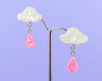 pink earrings, pink studs, raindrop earrings, glitter studs, sparkly earrings, pink glitter, pastel pink, dainty earrings, drop earrings