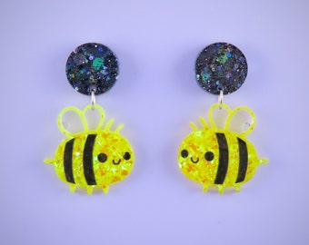 Bee dangle earrings, bee earrings, bee jewellery, bee studs, glittery bees, bumble bee, bee gift, yellow earrings, bee lover, happy bee gift