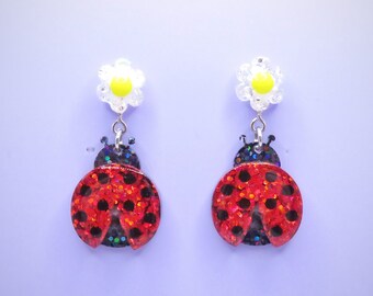 Ladybird earrings, ladybird jewellery, bug jewellery, glitter bug, summer earrings, flower earrings, glitter earrings, ladybird gift