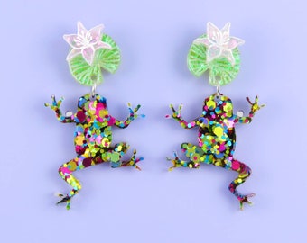 Rainbow frog earrings
