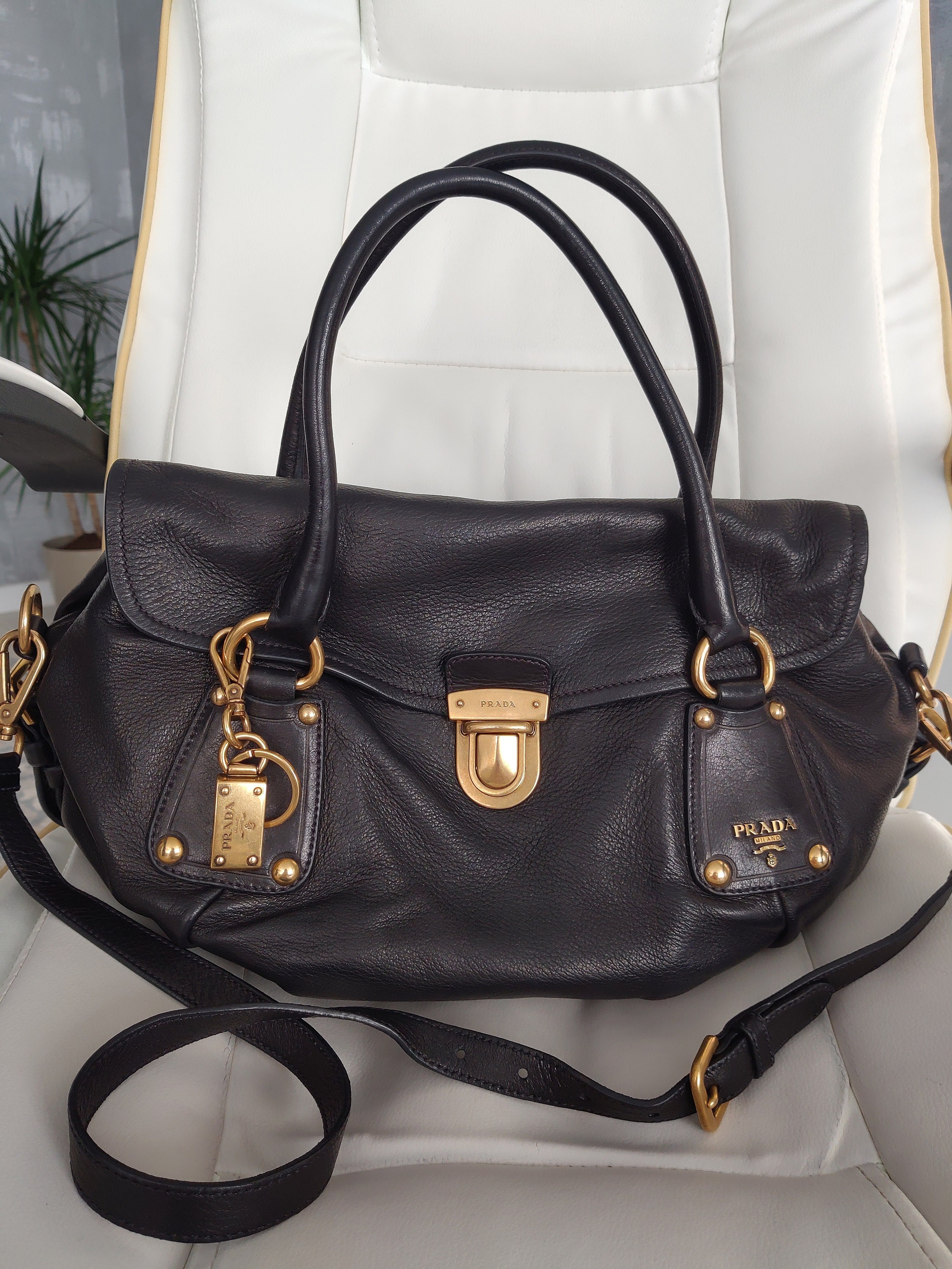 Prada Black Leather Top Handle 2way Shoulder Bag