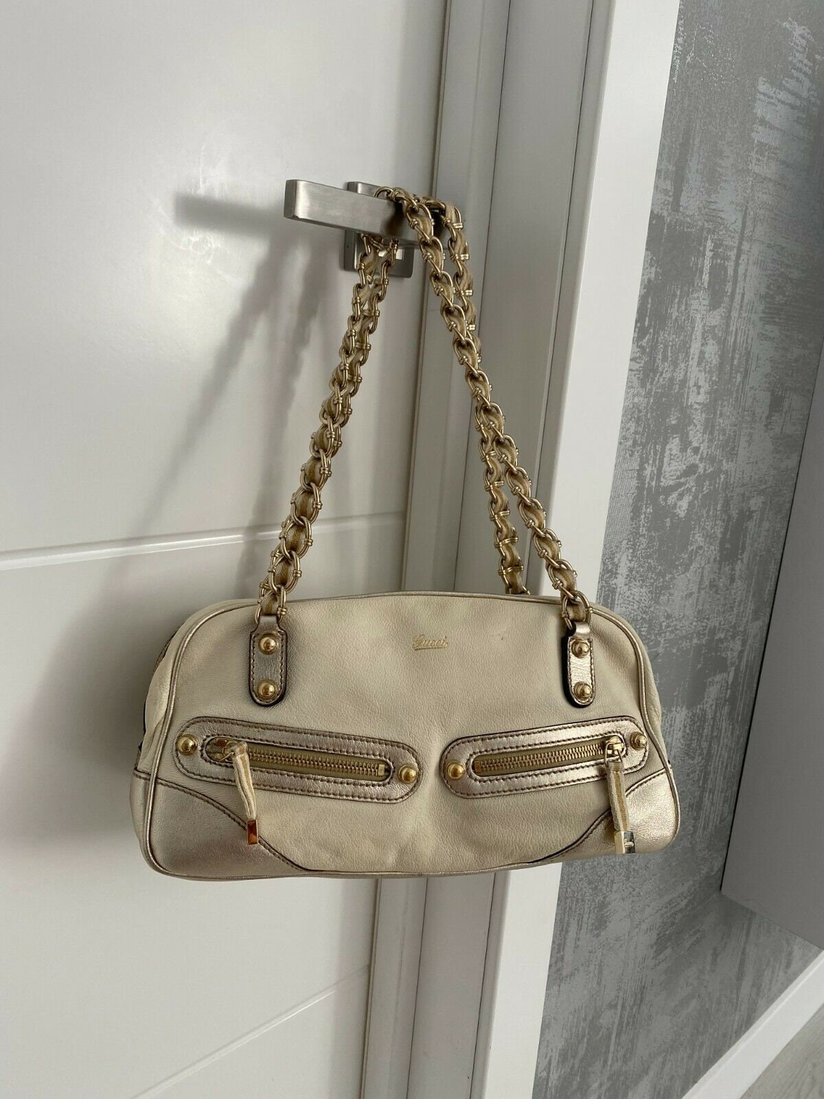 Buy GUCCI Ivory Metallic Leather Capri Web Chain Shoulder Bag Online in  India 