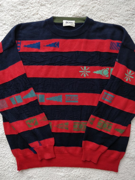 HUGO BOSS Vintage Mens Red Navy Sweater 