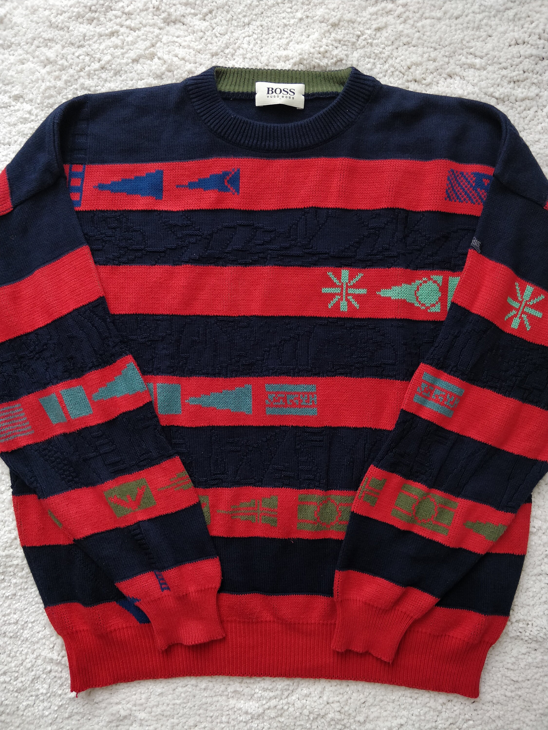 HUGO BOSS Vintage Mens Red Navy Sweater 