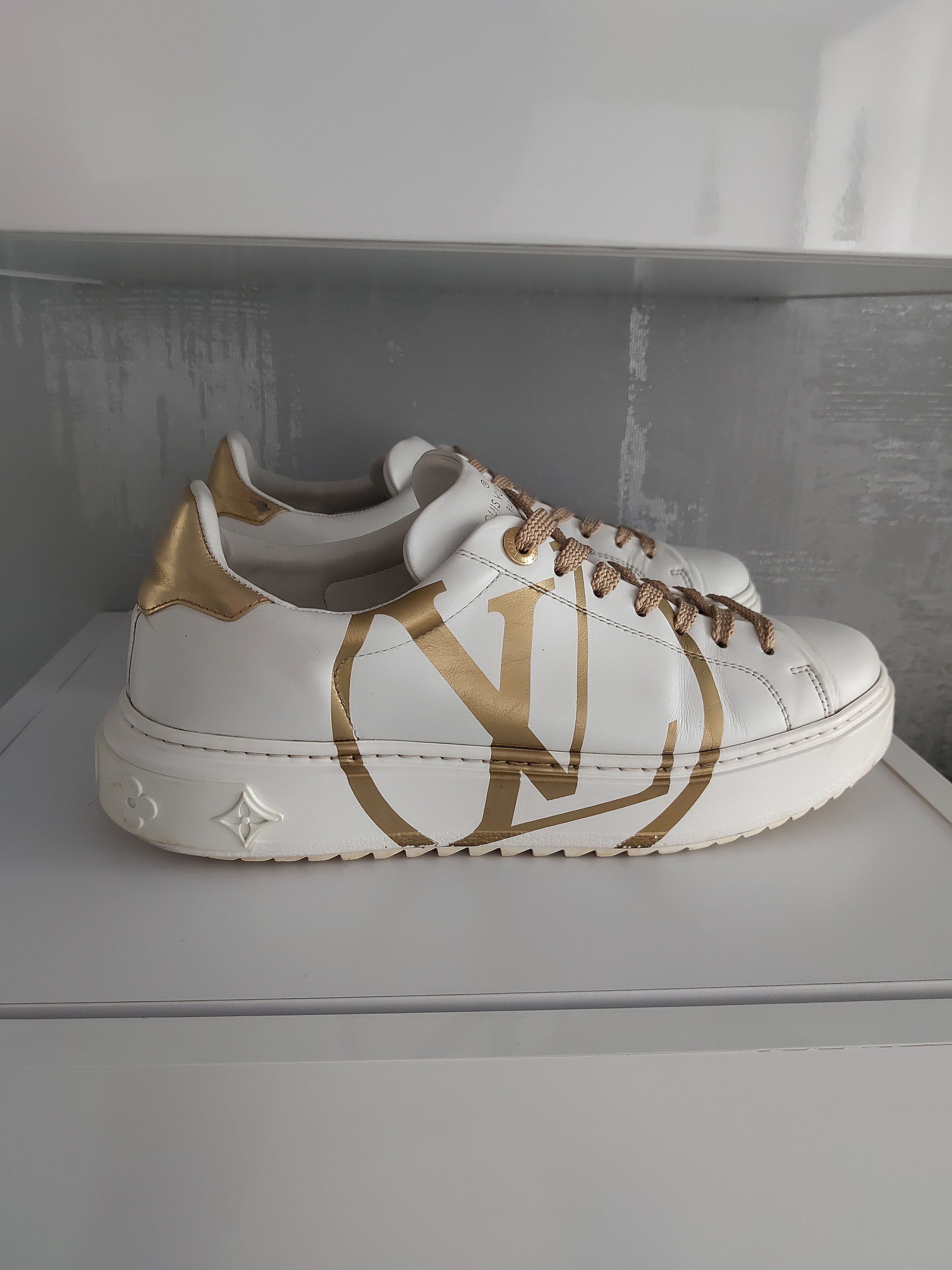 Louis Vuitton Time Out Logo Womens Gold White Leather Sneakers - Etsy