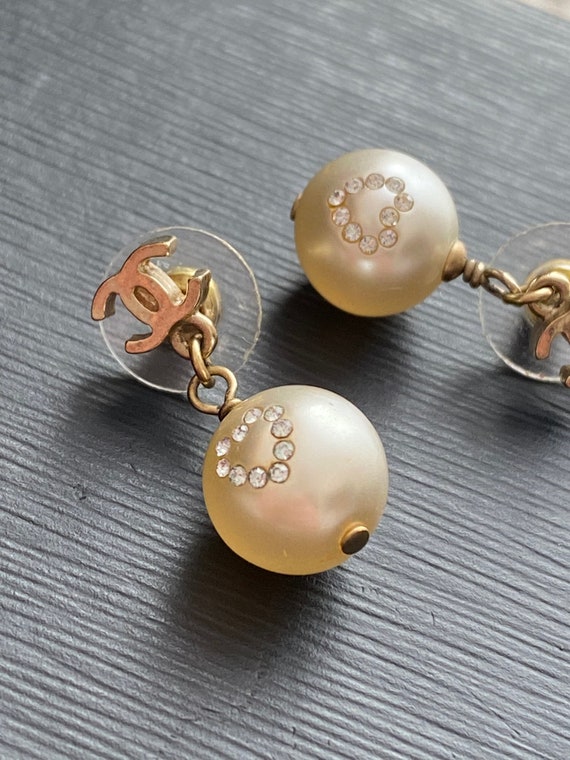 Chanel Faux Pearl CC Logo Drop Earrings Rhinestone