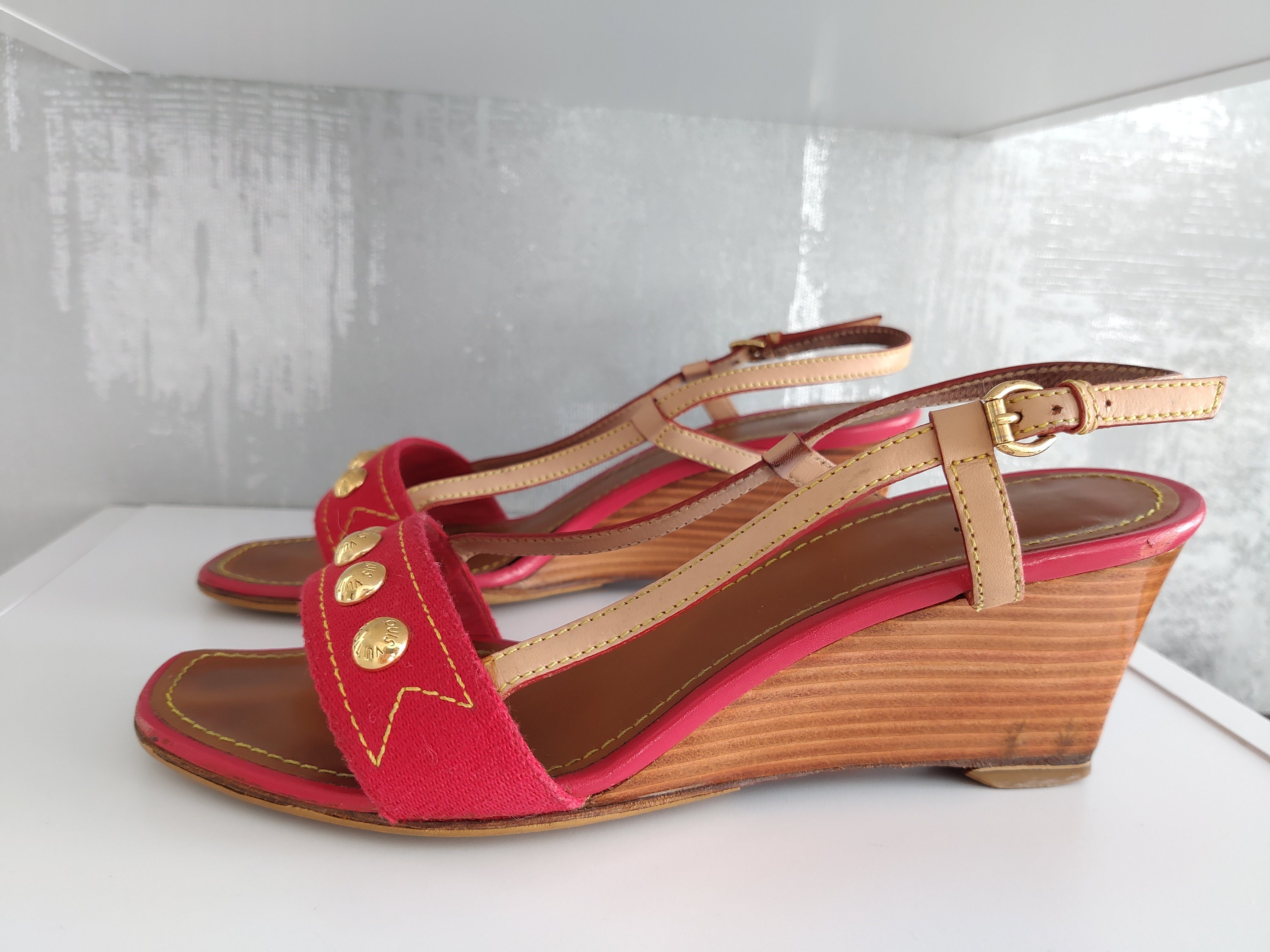 Louis Vuitton Leather And Canvas Wedge Platform Ankle Strap Sandals Size 38  For Sale at 1stDibs