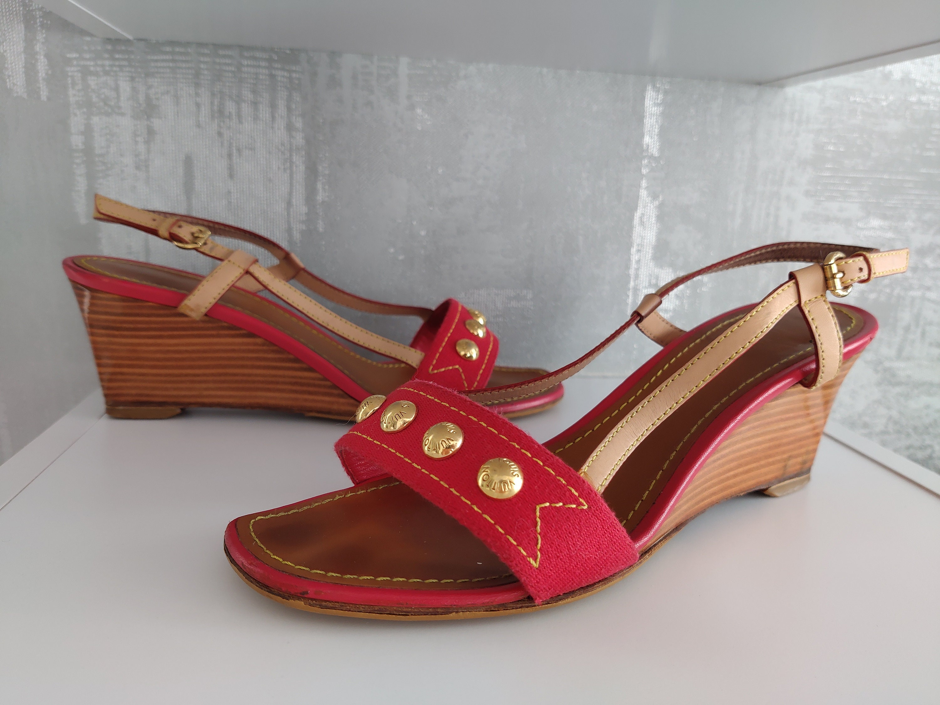 Louis Vuitton Leather And Canvas Wedge Platform Ankle Strap Sandals Size 38  For Sale at 1stDibs