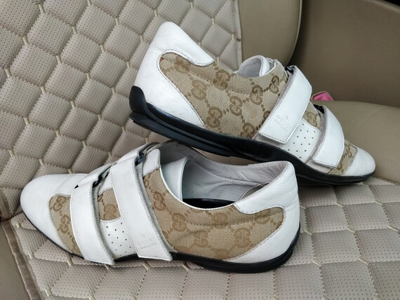 Gucci Womens GG Beige Canvas White Leather Sneaker