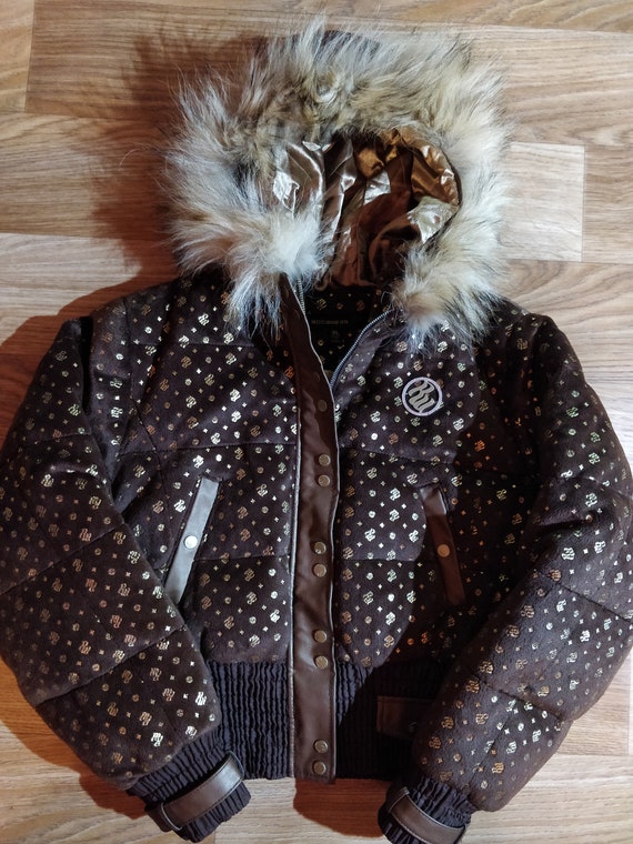 Rocawear Velvet Velour Brown Bomber Hooded Fur Dow