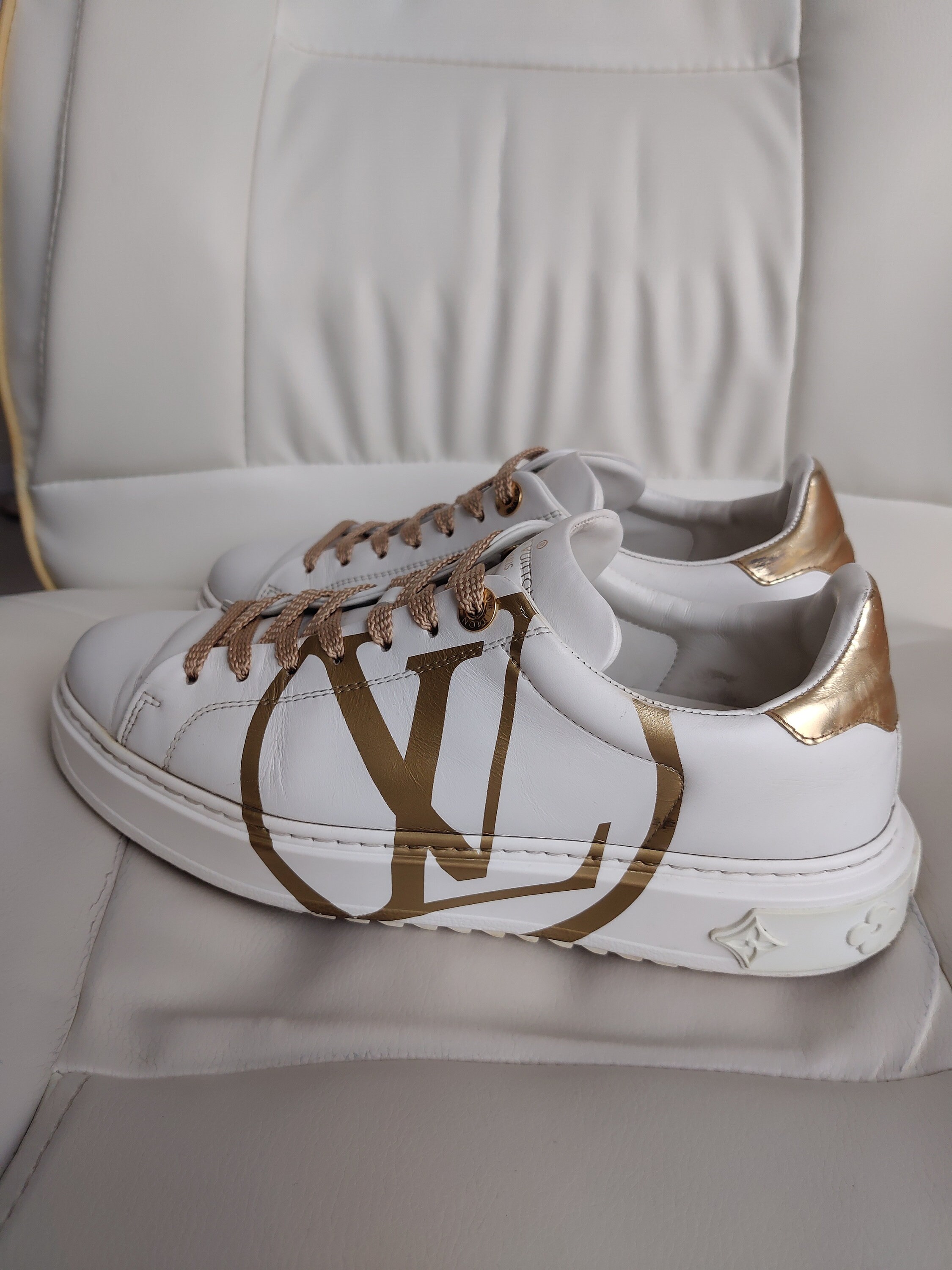 Louis Vuitton Time Out Logo Womens Gold White Leather Sneakers - Etsy