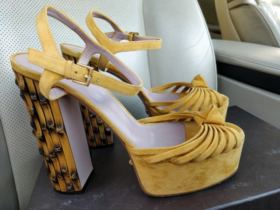 Gucci Yellow Suede Leather Strappy Bamboo Heels Sa