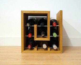 Handmade Oak Wine Rack: Square Spiral Modern 9-Bottle Bar Storage