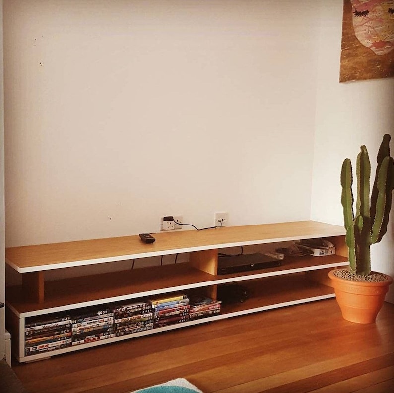 May include: A white and wood entertainment center with two shelves. The bottom shelf is filled with DVDs. A cactus plant is in a terracotta pot on the right side of the entertainment center.