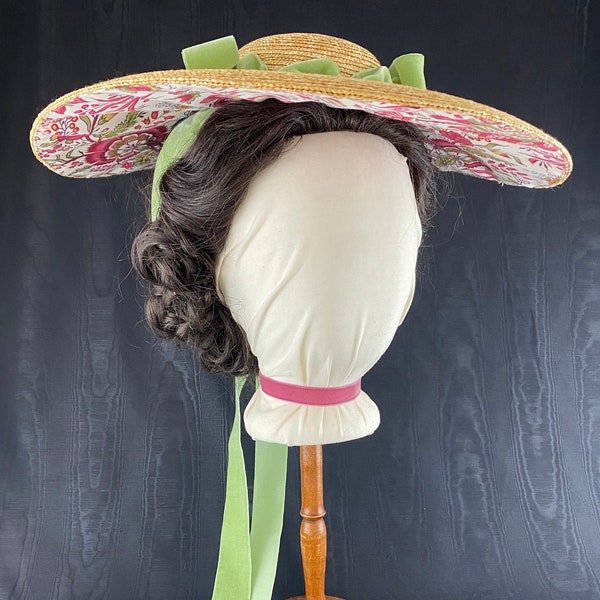 Straw Hat -Reproduction 18th century low crown Hat with Vintage Green Velvet ribbon, 18” wide- Georgian & Colonial, Historically Accurate