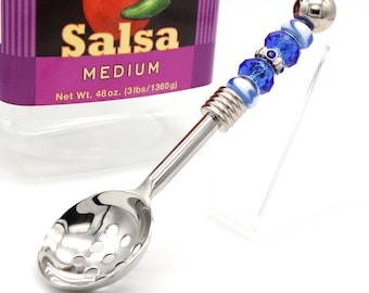 Salsa Spoon-Stainless Steel w Holes-Blue and White Glass Beads, Strainer for Salsa/Olives/Cherries/Pickles/Hot Tea Bags. **HOSTESS Gift**