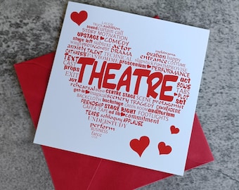 Theatre Heart Greetings Card, First night, Break a leg, Good luck