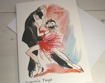 May include: A watercolor painting of a couple dancing the Argentine Tango. The woman is wearing a red dress and the man is wearing a black suit. The painting is on a white background with the words "Bal Tango" and "Argentine Tango" written in black.
