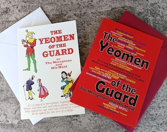 May include: Two rectangular greeting cards with envelopes. One card is white with red text reading The Yeomen of the Guard or The Merryman and His Maid, featuring colorful illustrations of characters. The other card is red with black and yellow text.