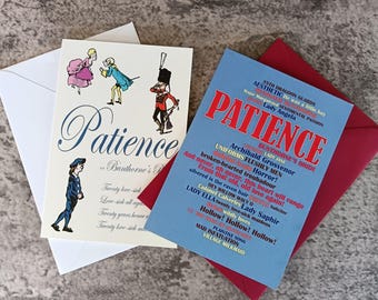 May include: Two rectangular cards with envelopes. One cream card features the word Patience, illustrations of figures in historical attire, and text. The other blue card features the word Patience in large red letters with various text in blue and red.