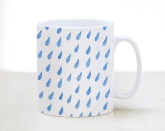 Rain Drops Mug Watercolour Blue White Painted Pattern Homeware Gift Interesting Science Ceramic Unusual Let it Rain Mug Design