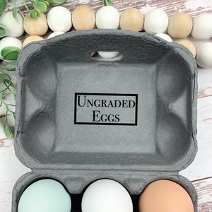 May include: A gray cardboard egg carton with three eggs inside. The eggs are white, light blue, and brown. The carton has a black label that reads 