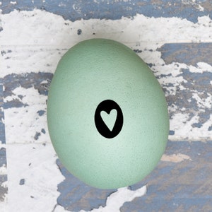 May include: A light blue egg with a black circle containing a white heart drawn on it.