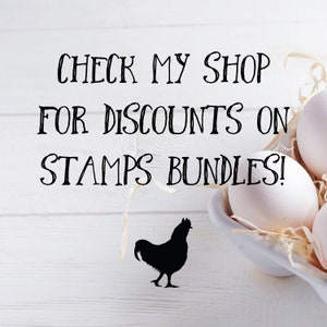 May include: White wooden background with black text that reads "Check my shop for discounts on stamps bundles!" A white ceramic bowl with a nest of straw inside contains white eggs. A black silhouette of a rooster is in the lower left corner of the image.