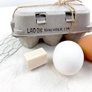 May include: A white egg, a brown egg, and a wooden stamp that says "LAID ON" are on a white surface. A cardboard egg carton with the text "LAID ON: NOVEMBER 17th" is in the background.