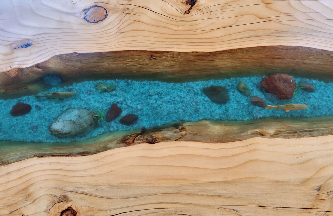 Live Edge Epoxy River Coffee Table With Realistic Trout Scene Etsy