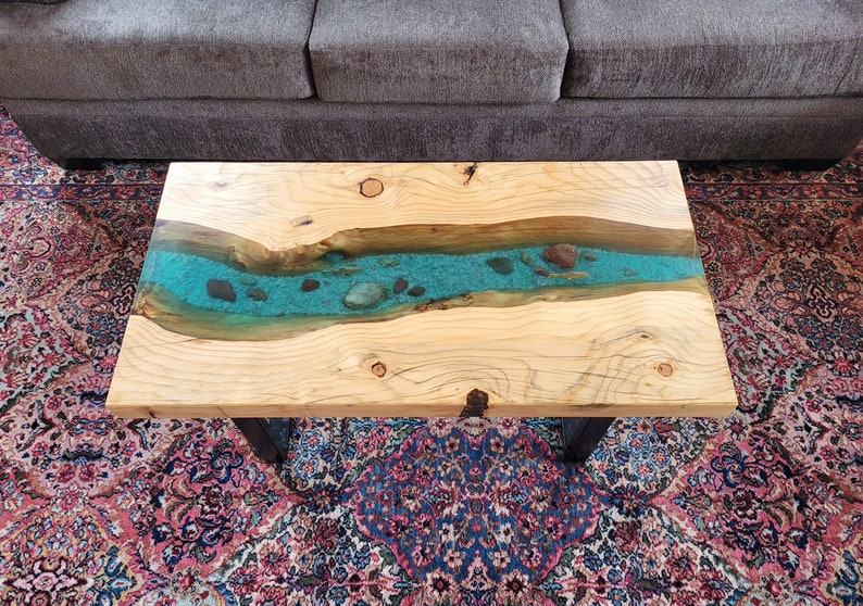 Live Edge Epoxy River Coffee Table With Realistic Trout Scene Etsy