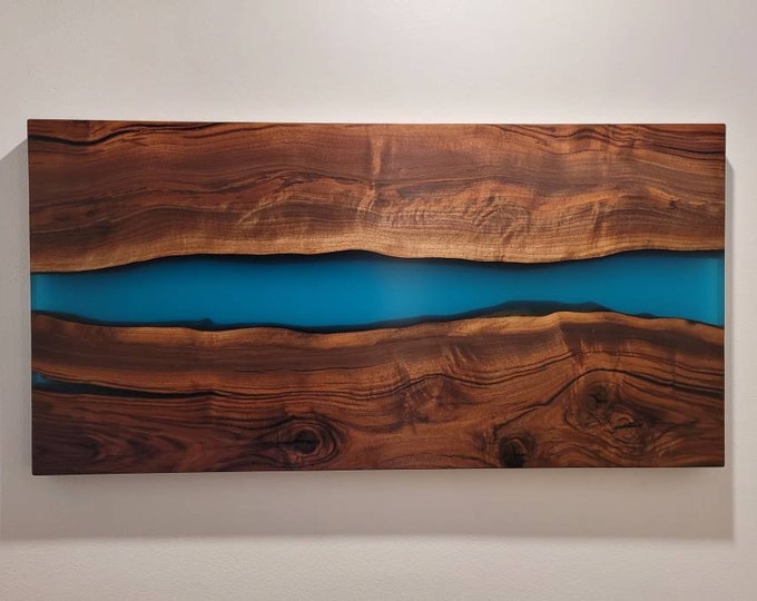 Black Walnut and Transparent Turquoise Epoxy Wall Mount Wood and Epoxy Wall Art Epoxy River Wall