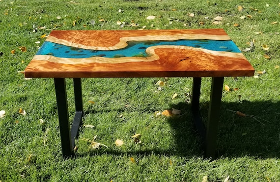 SOLD Epoxy River and Live Edge Redwood Burl Coffee Table With