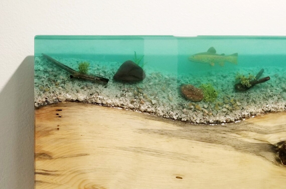 Epoxy River Wall Art With Realistic Trout Scene Wood and Epoxy Wall