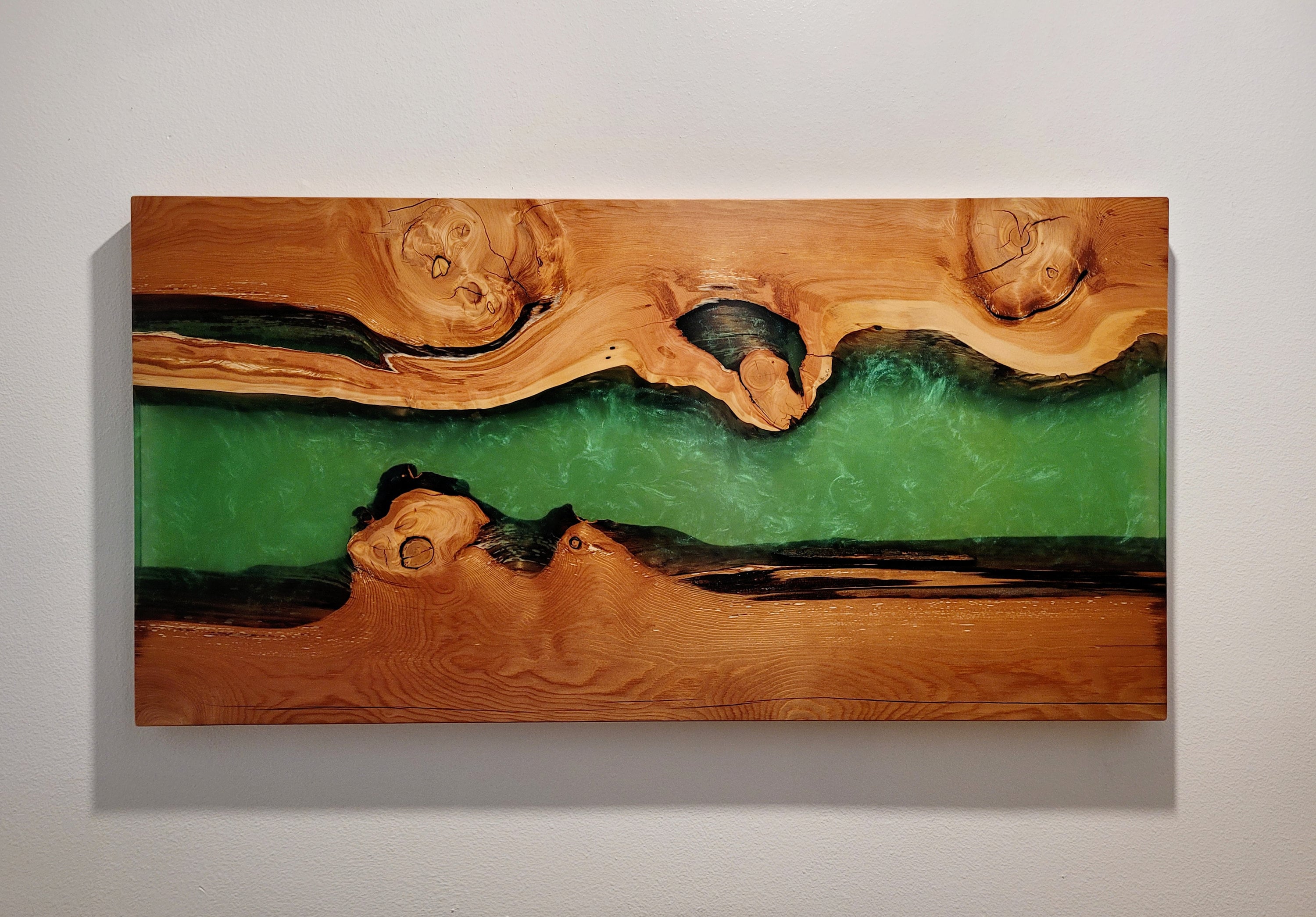 Live Edge Wood and Transparent Emerald Green Epoxy River Wall Art 