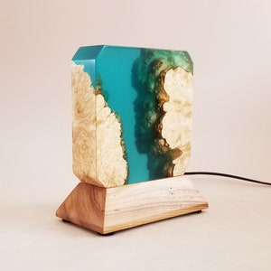 Live edge burl wood and turquoise epoxy mood lamp with glowing effects - wood sculpture - wooden lamp - table lamp - epoxy lamp