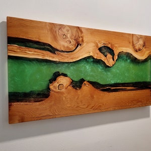 Live Edge Wood and Transparent Emerald Green Epoxy Wall Art - Handmade Wood and Epoxy Wall Art - Live Edge Epoxy River Wall Mount