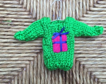 Custom Christmas Ornament w Present Applique, Mini Sweater Ornaments, Made to Order xmas decor, xmas gift, xmas sweater Party Favors, kitsch