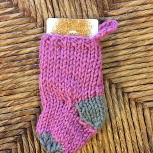 Holiday Gift Card Holder, miniature Christmas stocking fits gift card, pink and grey, xmas ornament, handmade tiny stocking ornament