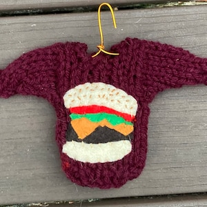 Custom Hamburger Ornament, Handmade Tiny Sweater Ornament w Burger applique