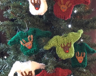 Reindeer Ornament, Custom Hand Knit Xmas Ornaments, mini sweater ornament with Santa's reindeer, Handmade Xmas Decor, Gift Topper, rein deer