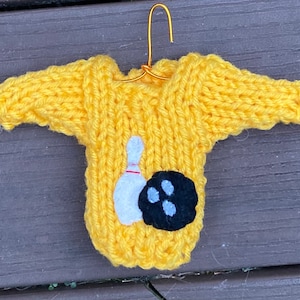 Made to Order Bowling Ornament, Miniature Sweater Ornament w Bowling Pin and Bowling Ball applique