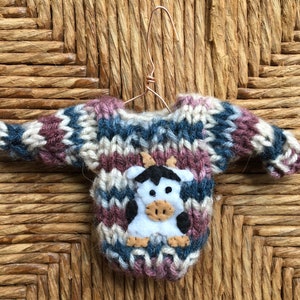 Cow Ornament, Miniature Sweater Ornament w Cow Applique, Farmer Gift, Farm Ornament, Cow Lover, Farm Animal, Farm Theme, Country Christmas