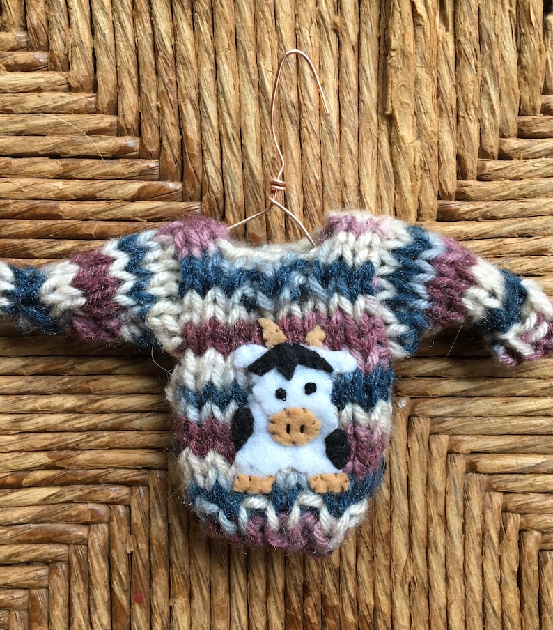 Cow Ornament Farm Animal Cow Lover Country Christmas Farm Ornament Miniature Sweater Ornament w Cow Applique Farmer Gift Farm Theme